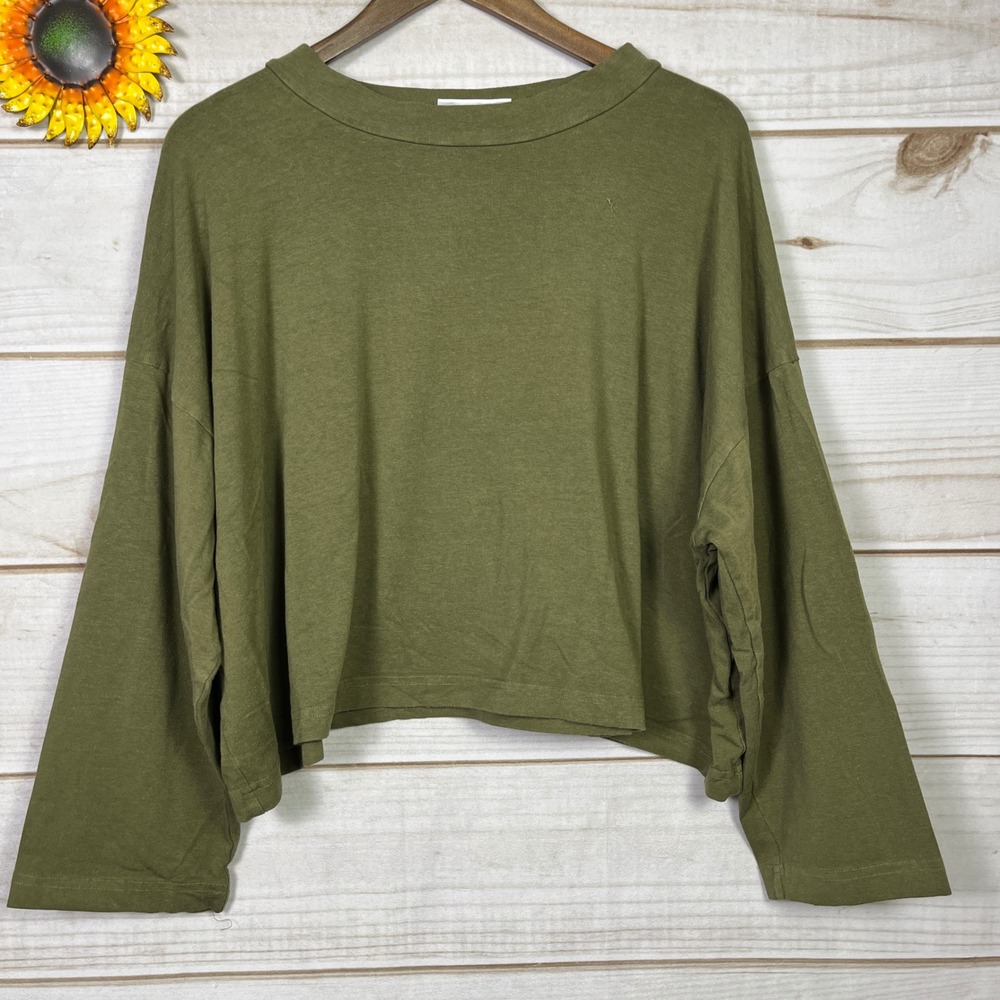 Bryn Walker Womens Olive Green Boxy Cropped Long Sleeve Top Oversized Medium